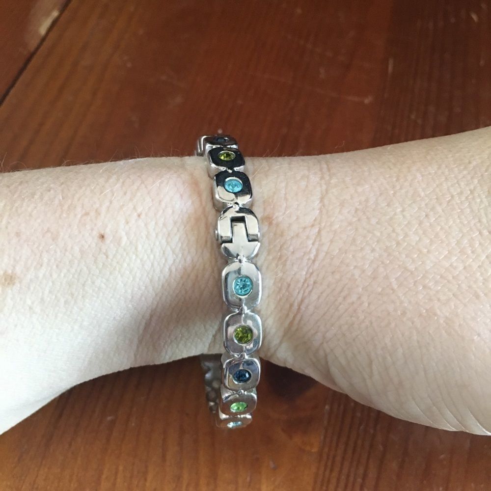 Hinge Silver Tone Bracelet with Blue Rhinestone